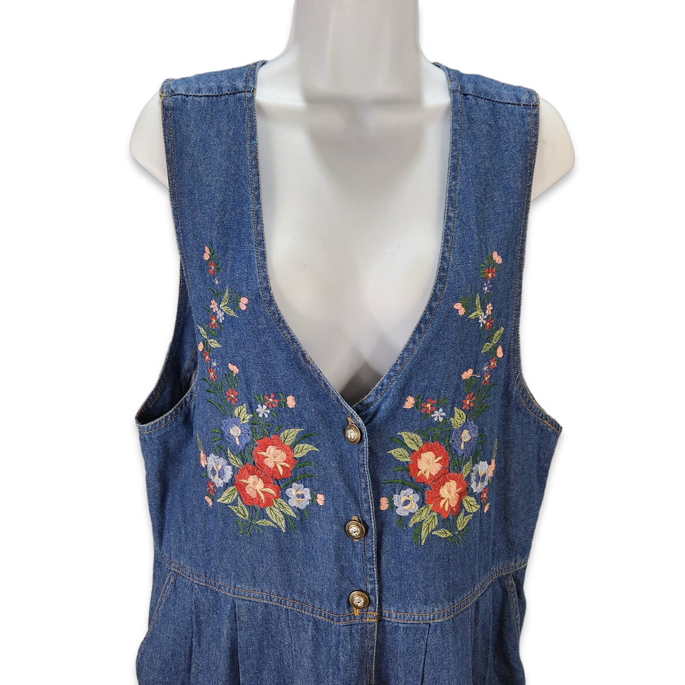 Jane Ashley Blue Denim Maxi Dress with Red & Yellow Floral Embroidery - Picture 2 of 10